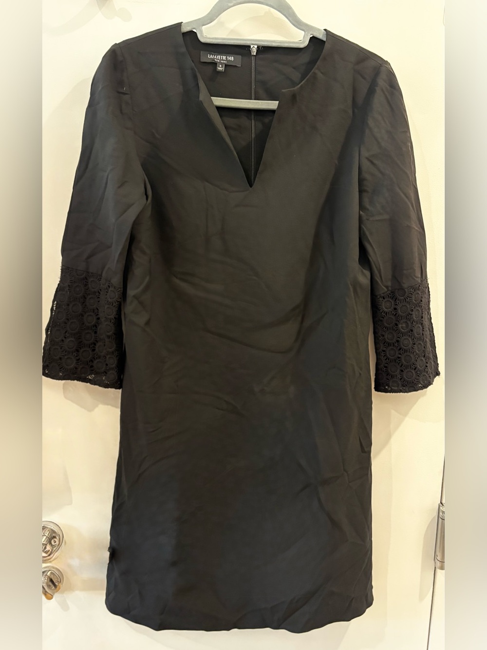 Lafayette 148 Black Dress with Lace Sleeve Detail